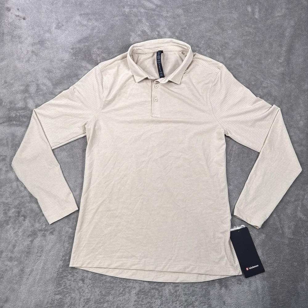 Lululemon Evolution Long Sleeve Polo Mens M Beige Striped LM3CYCS Slim Fit